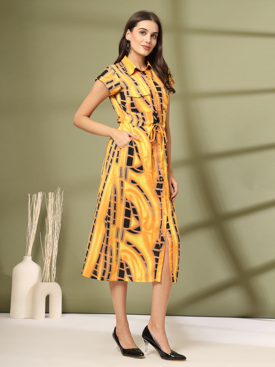 Women Printed Shirt Coller A-Line Cotton Midi Dress