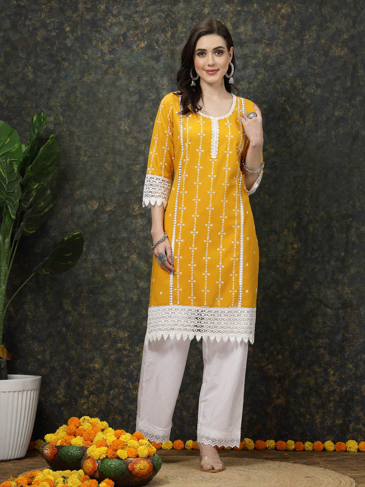 Mustard Yellow & White Ethnic Motifs Printed Pure Cotton A Line Kurta