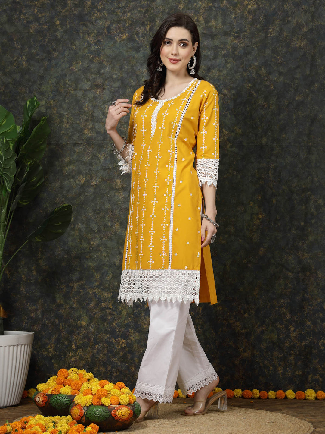 Mustard Yellow & White Ethnic Motifs Printed Pure Cotton A Line Kurta