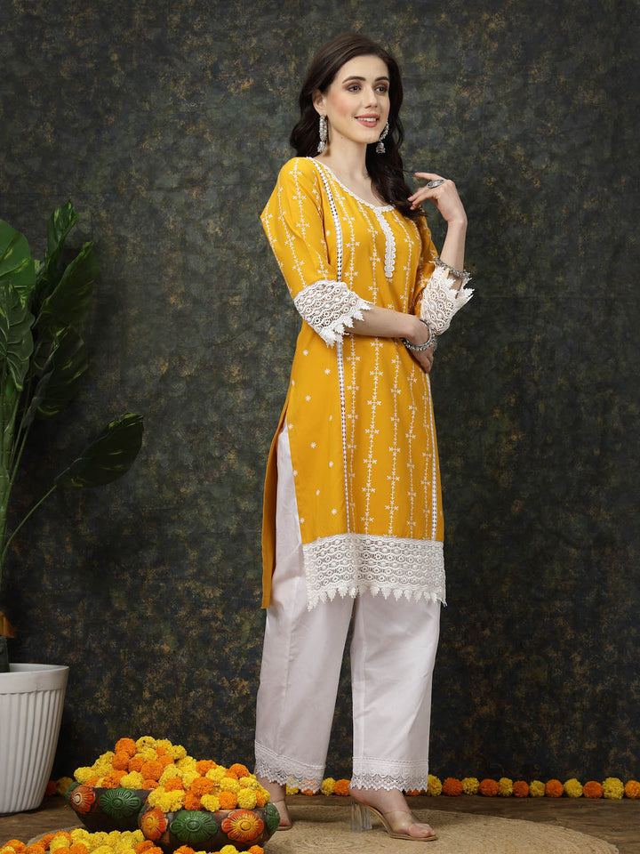 Mustard Yellow & White Ethnic Motifs Printed Pure Cotton A Line Kurta