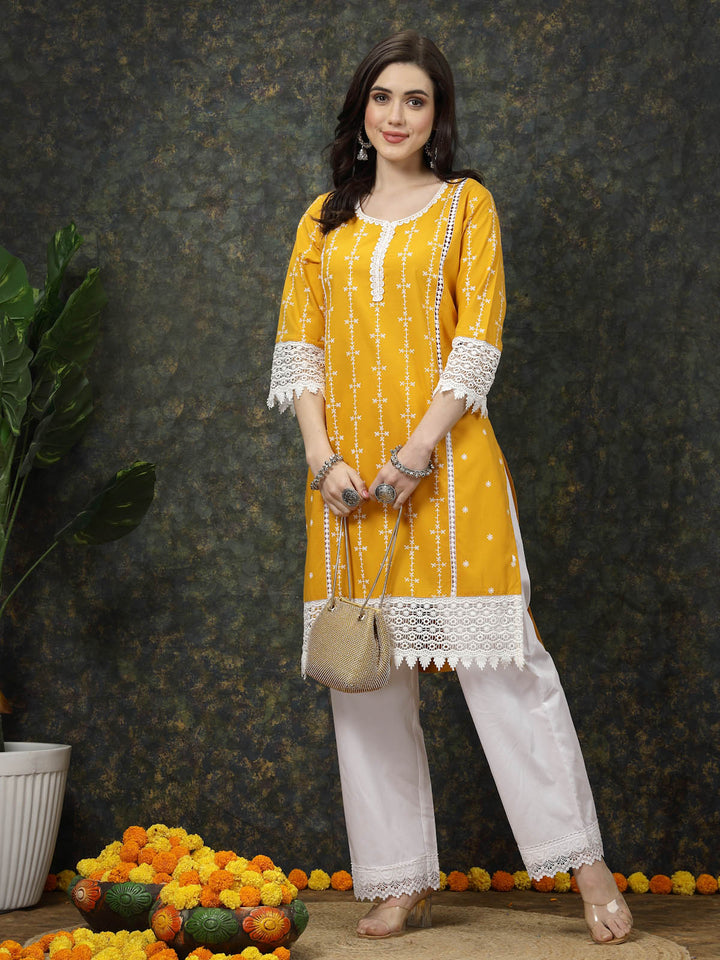 Mustard Yellow & White Ethnic Motifs Printed Pure Cotton A Line Kurta