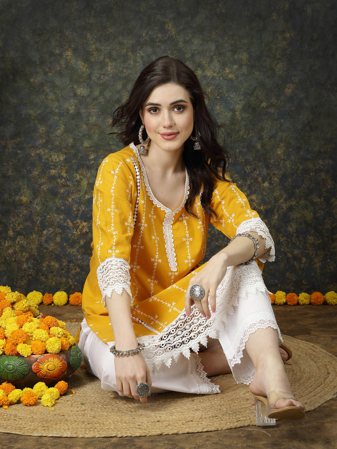 Mustard Yellow & White Ethnic Motifs Printed Pure Cotton A Line Kurta