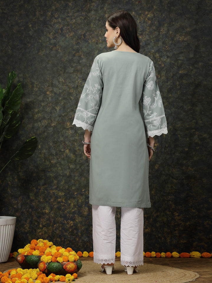 Sea Green & White Floral Printed Pure Cotton Straight Kurta