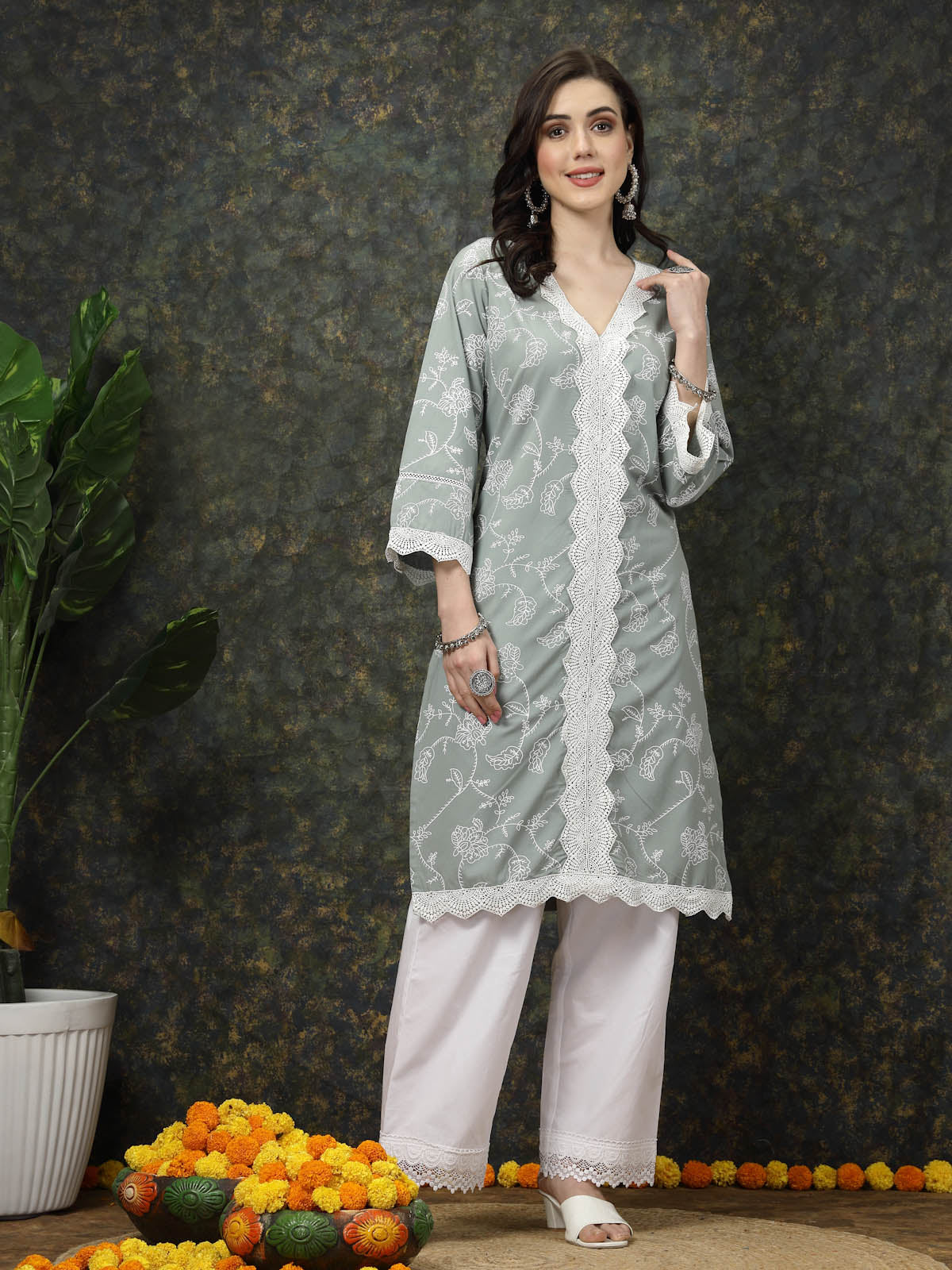 Sea Green & White Floral Printed Pure Cotton Straight Kurta