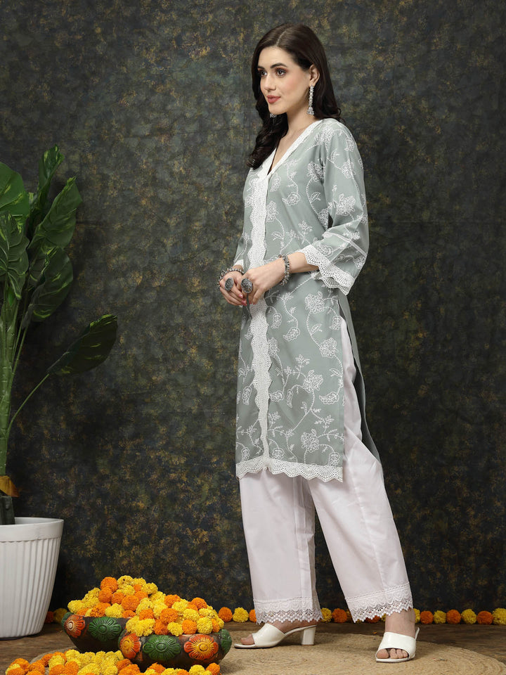 Sea Green & White Floral Printed Pure Cotton Straight Kurta