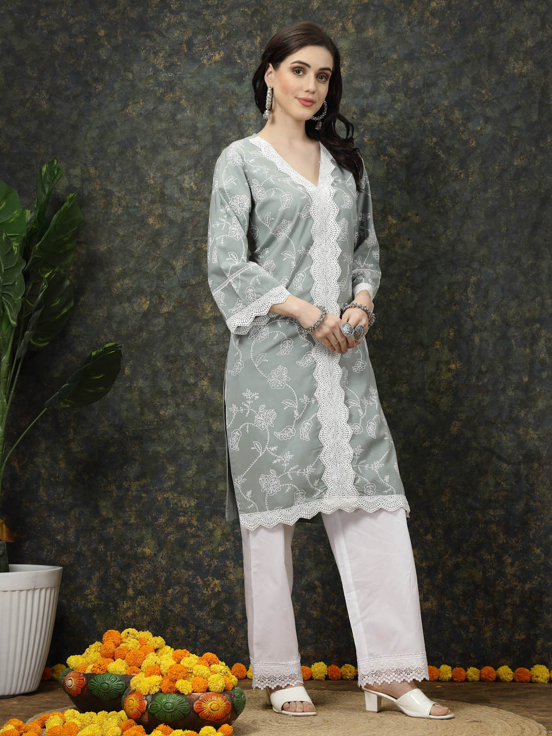 Sea Green & White Floral Printed Pure Cotton Straight Kurta