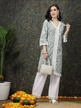 Sea Green & White Floral Printed Pure Cotton Straight Kurta