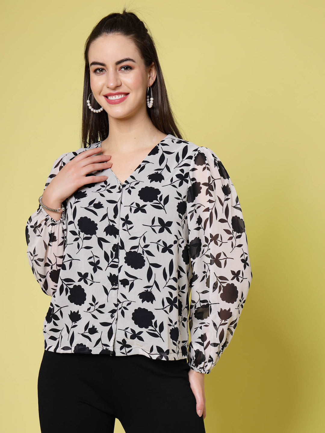 White Floral Printed V-Neck Puff Sleeve Shirt Style Top