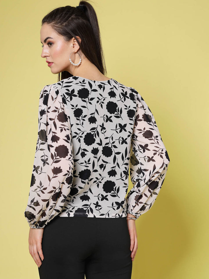 White Floral Printed V-Neck Puff Sleeve Shirt Style Top