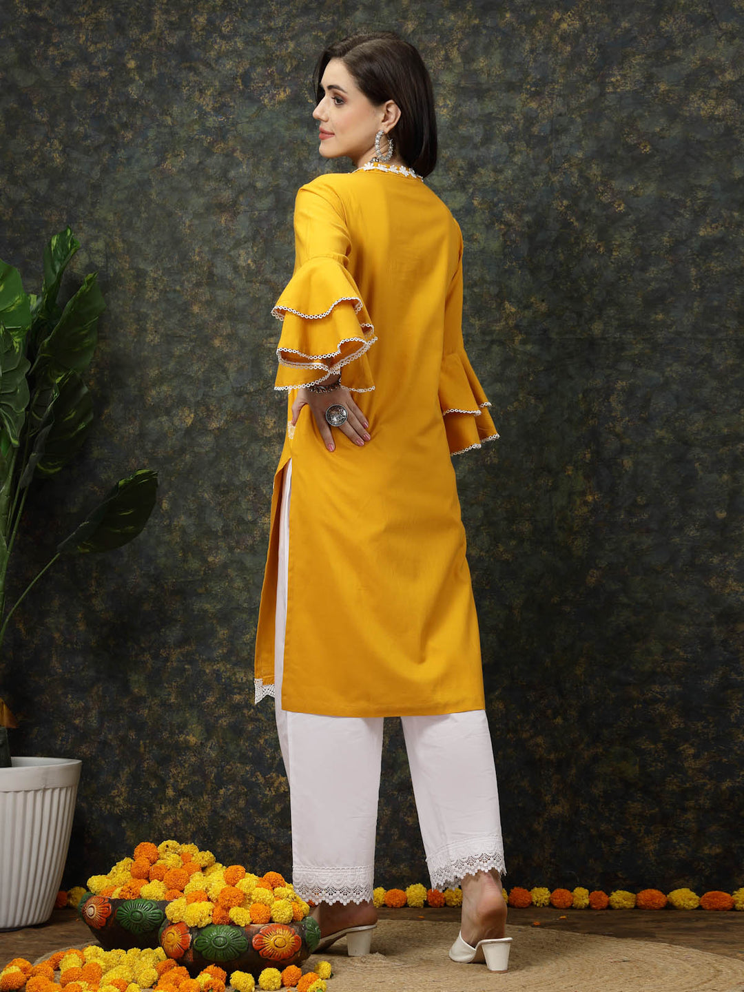 Mustard Yellow Floral Printed V-Neck Bell Sleeves Straight Kurta