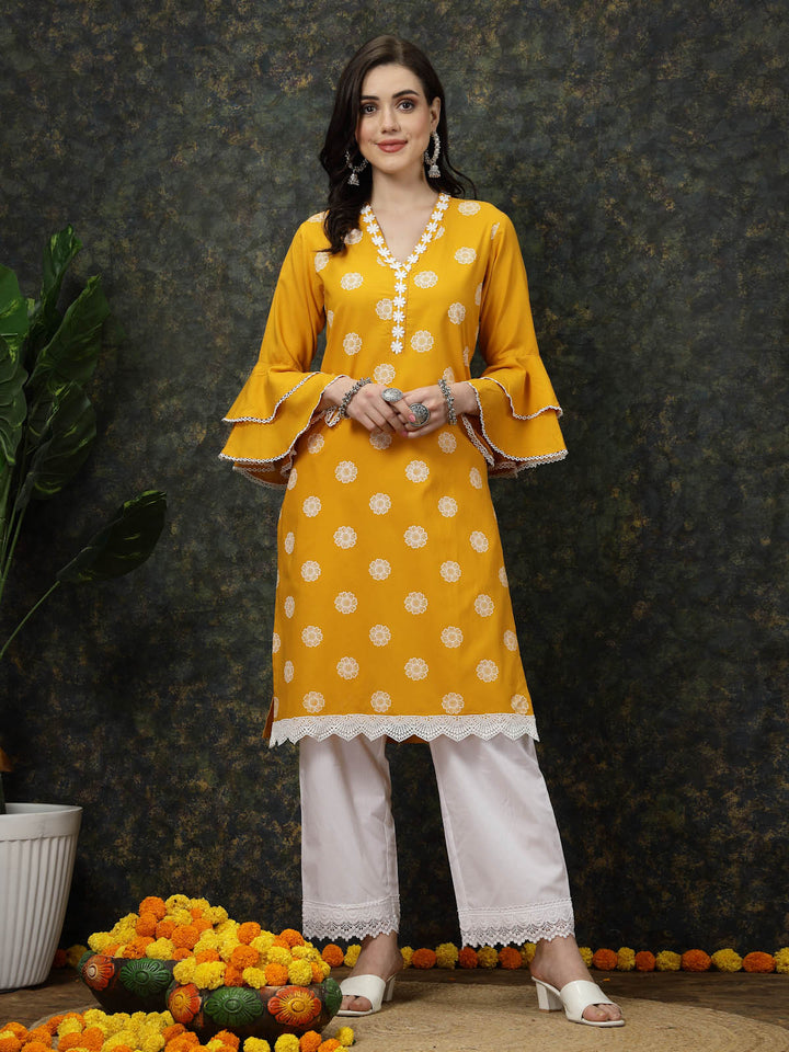 Mustard Yellow Floral Printed V-Neck Bell Sleeves Straight Kurta