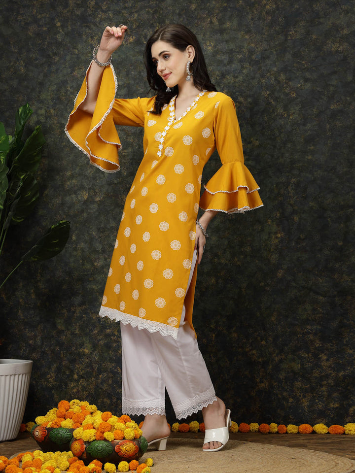 Mustard Yellow Floral Printed V-Neck Bell Sleeves Straight Kurta