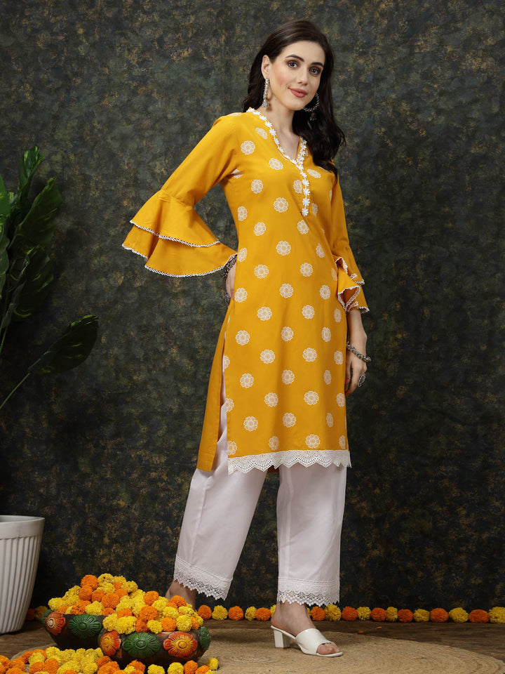 Mustard Yellow Floral Printed V-Neck Bell Sleeves Straight Kurta