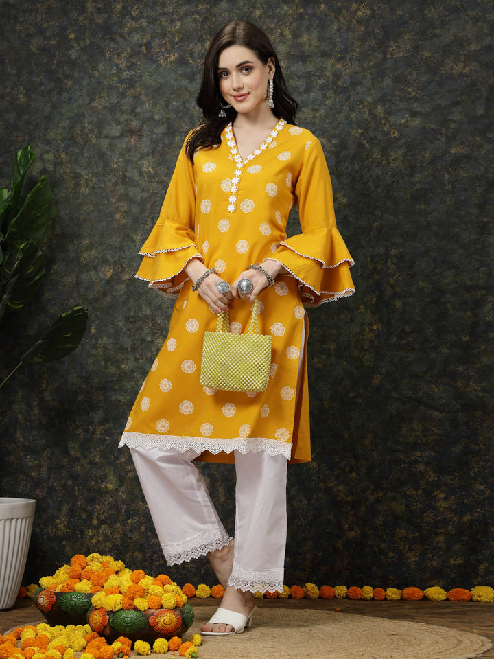 Mustard Yellow Floral Printed V-Neck Bell Sleeves Straight Kurta