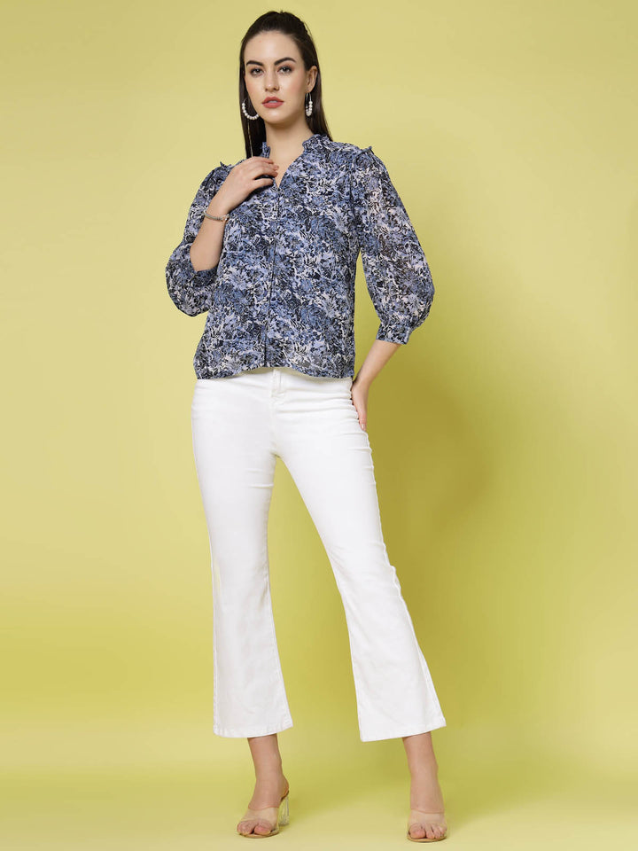 Blue  White Floral Printed V-Neck Cuffed Sleeve Ruffled Shirt Style Top