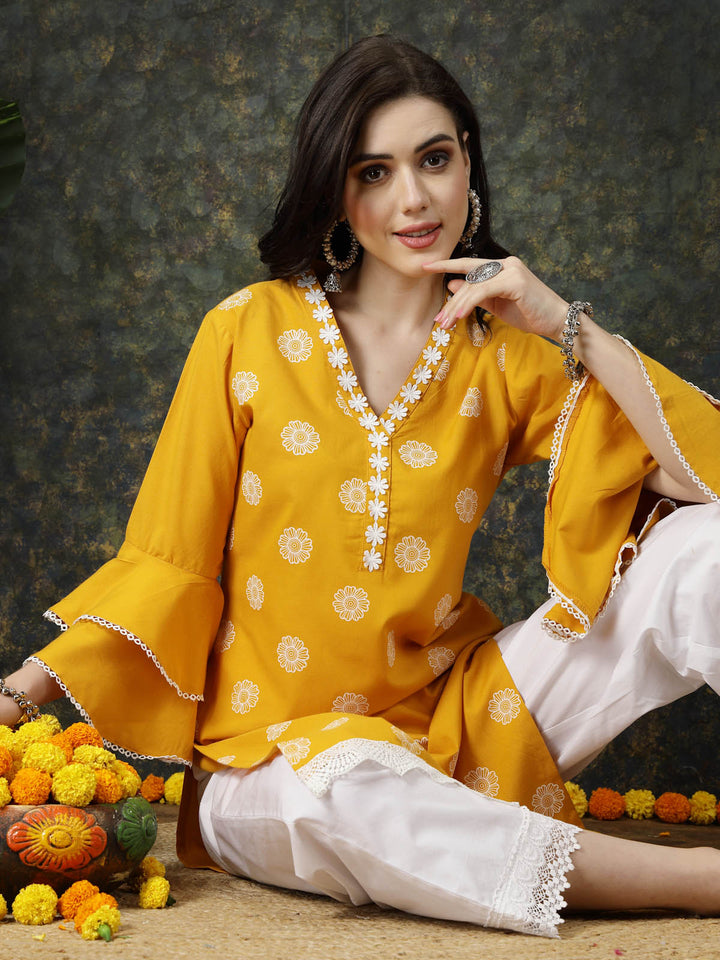 Mustard Yellow Floral Printed V-Neck Bell Sleeves Straight Kurta