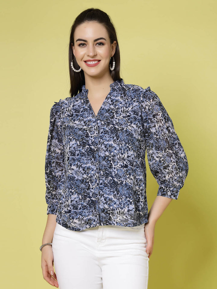 Blue  White Floral Printed V-Neck Cuffed Sleeve Ruffled Shirt Style Top