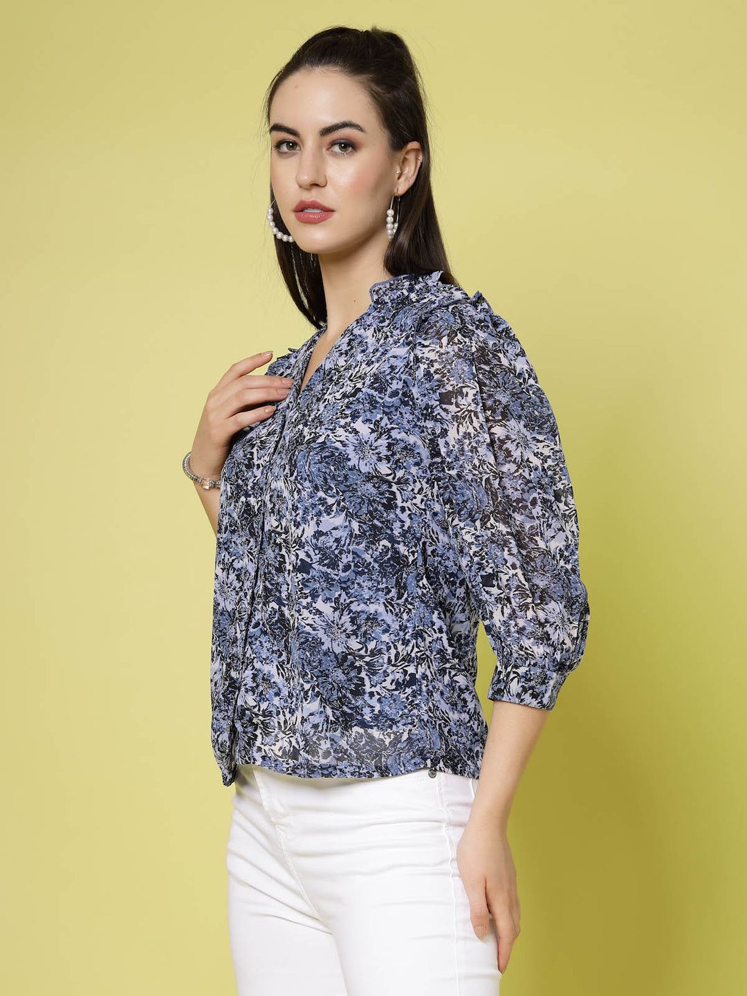 Blue  White Floral Printed V-Neck Cuffed Sleeve Ruffled Shirt Style Top