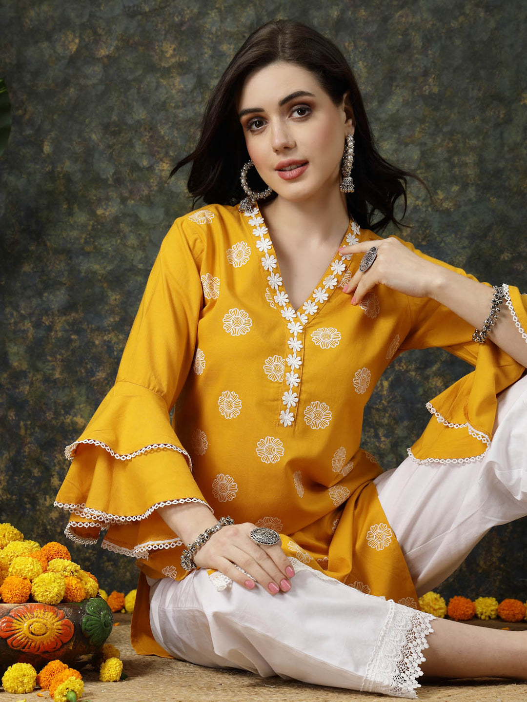 Mustard Yellow Floral Printed V-Neck Bell Sleeves Straight Kurta