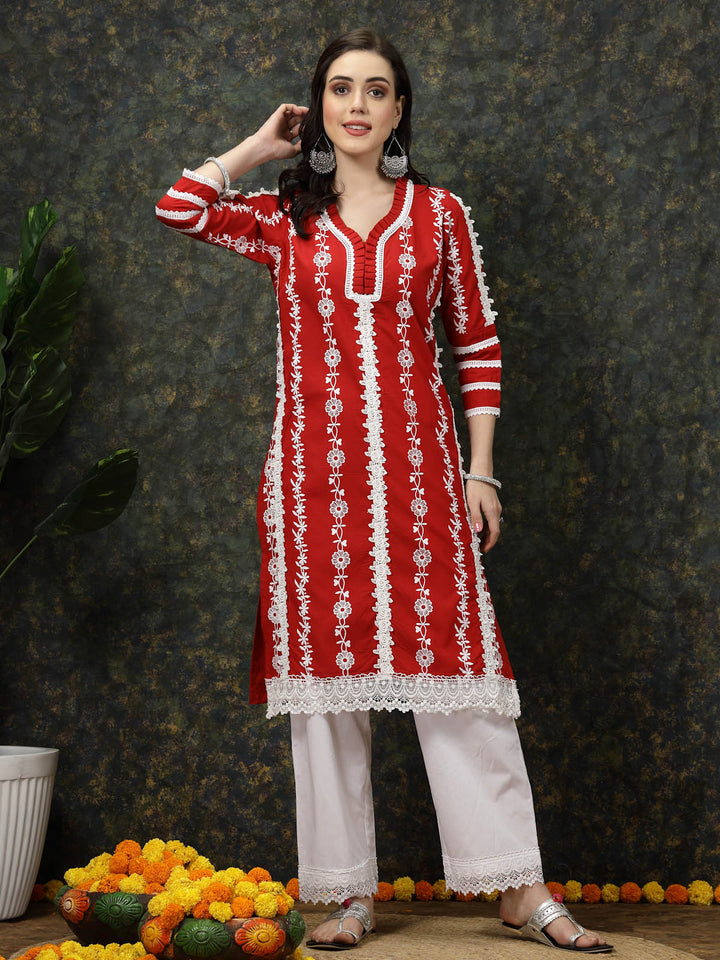 Red Floral Printed Thread Work Cotton Straight Kurta