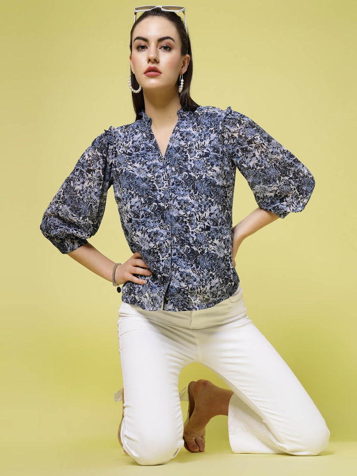 Blue  White Floral Printed V-Neck Cuffed Sleeve Ruffled Shirt Style Top