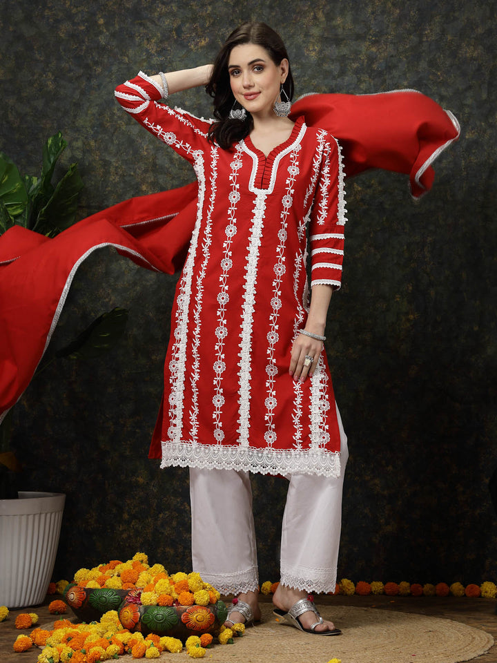 Red Floral Printed Thread Work Cotton Straight Kurta