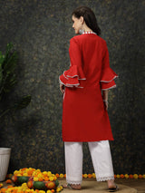 Red Floral Printed Flared Sleeves Thread Work Cotton Straight Kurta