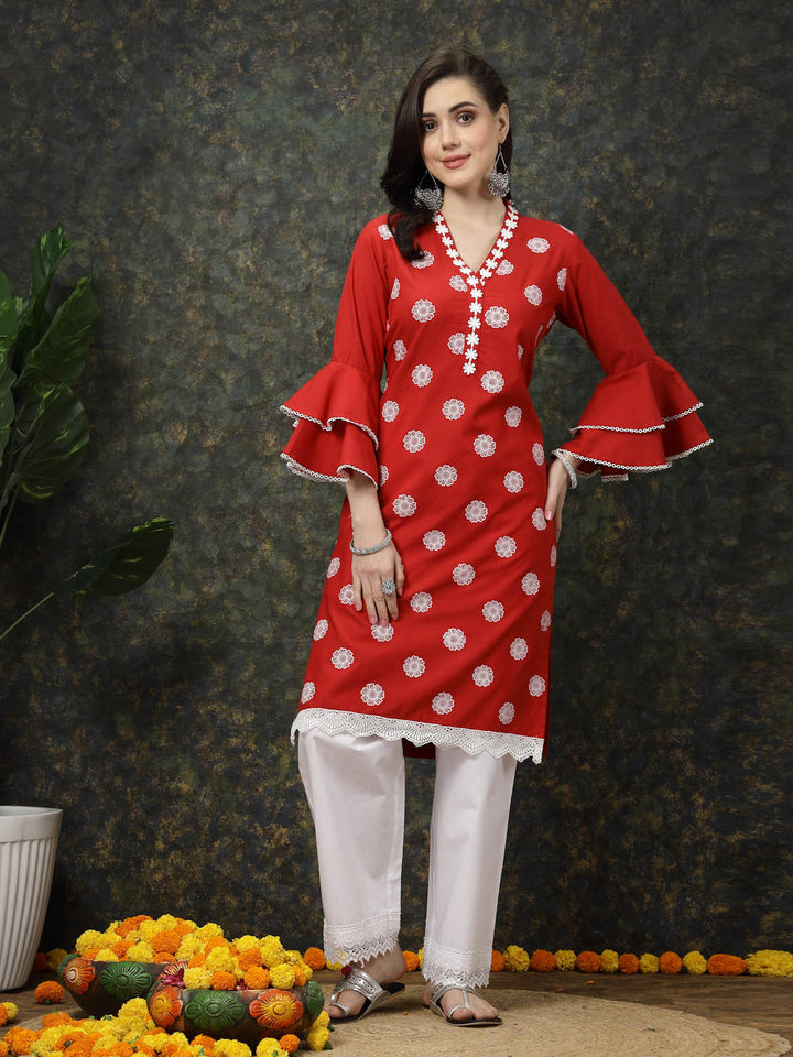 Red Floral Printed Flared Sleeves Thread Work Cotton Straight Kurta