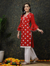 Red Floral Printed Flared Sleeves Thread Work Cotton Straight Kurta