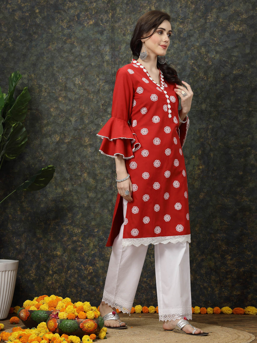 Red Floral Printed Flared Sleeves Thread Work Cotton Straight Kurta