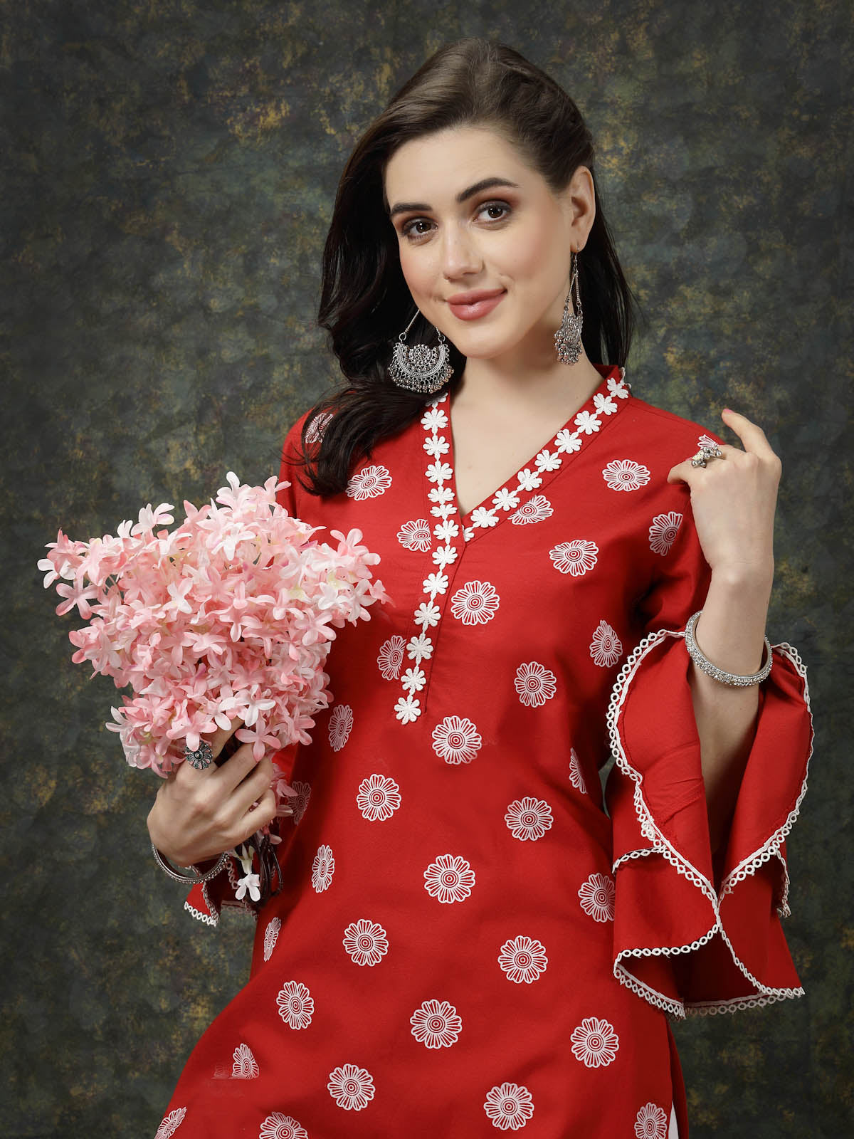 Red Floral Printed Flared Sleeves Thread Work Cotton Straight Kurta