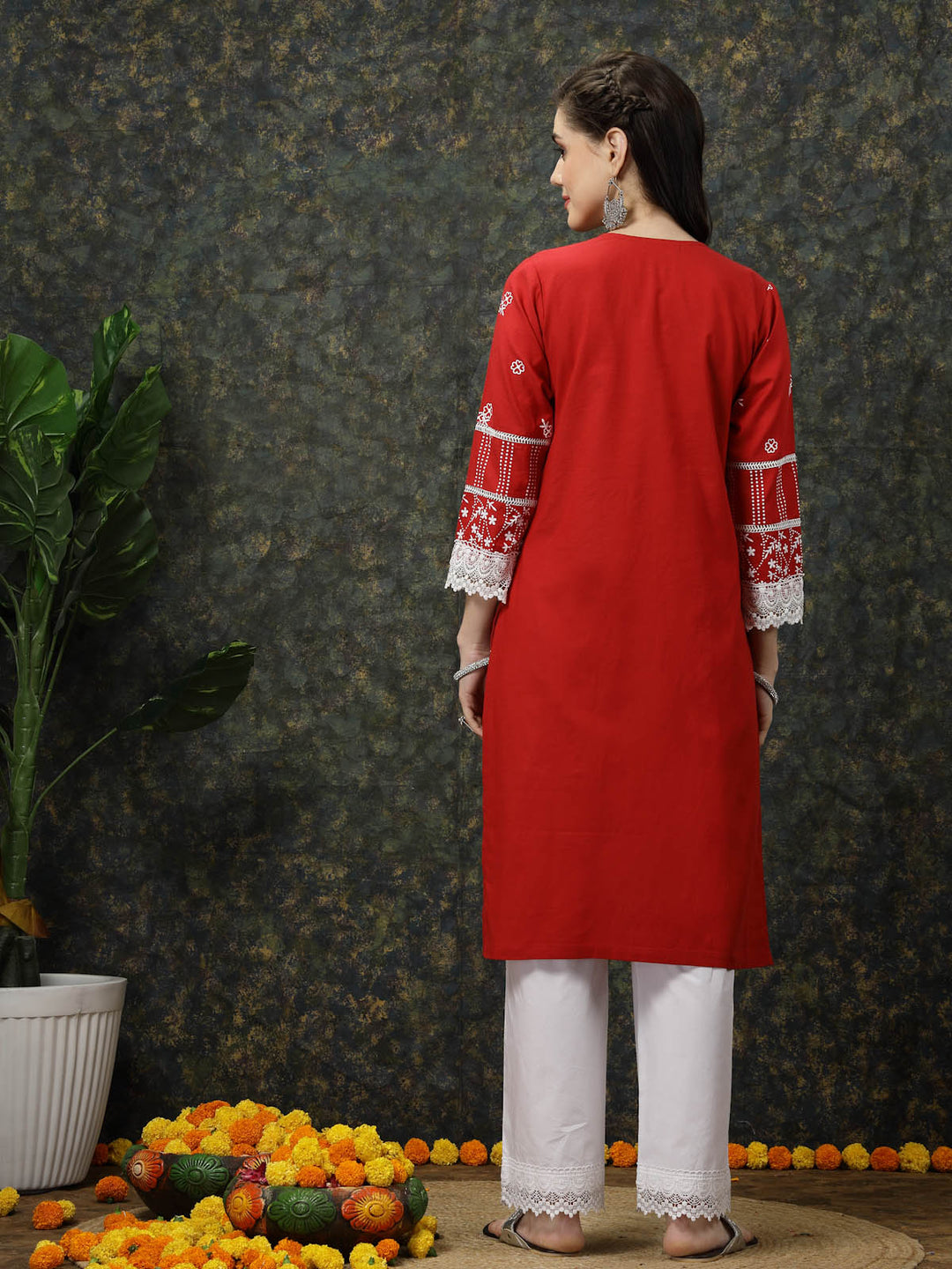 Red Ethnic Motifs Printed V-Neck Pure Cotton Kurta