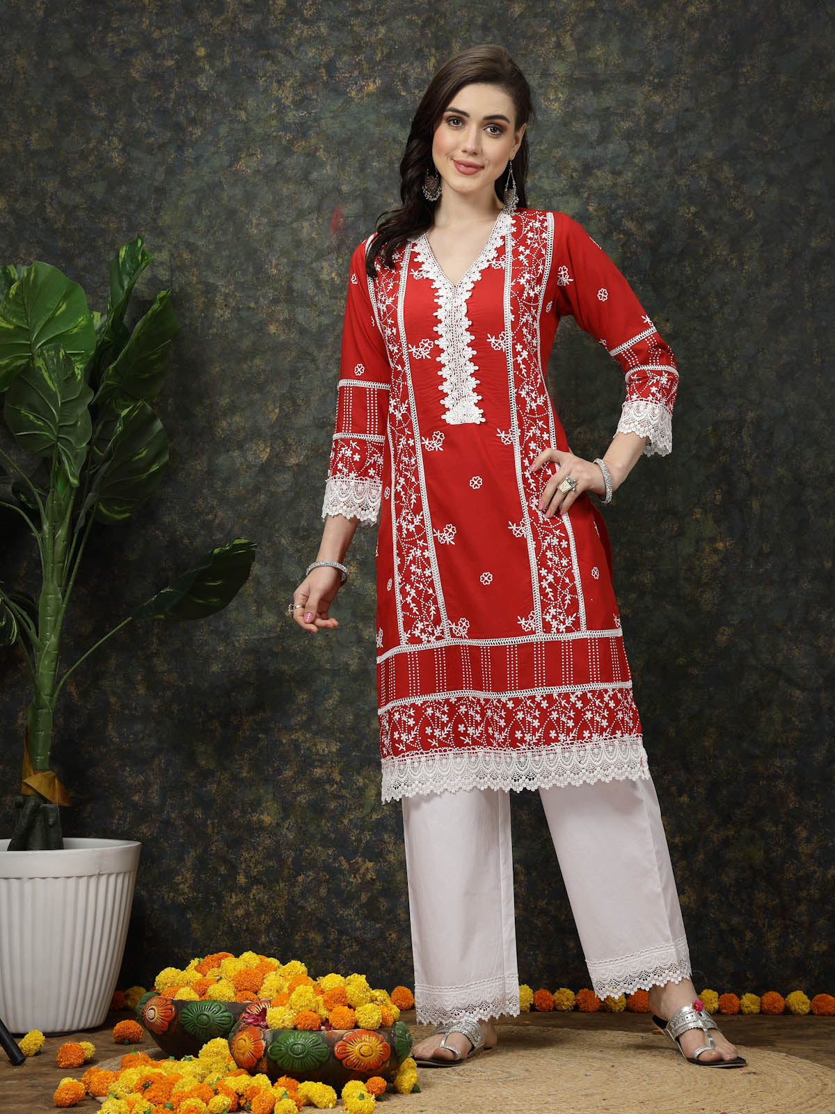 Red Ethnic Motifs Printed V-Neck Pure Cotton Kurta