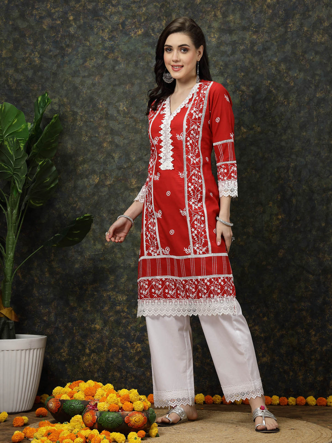 Red Ethnic Motifs Printed V-Neck Pure Cotton Kurta