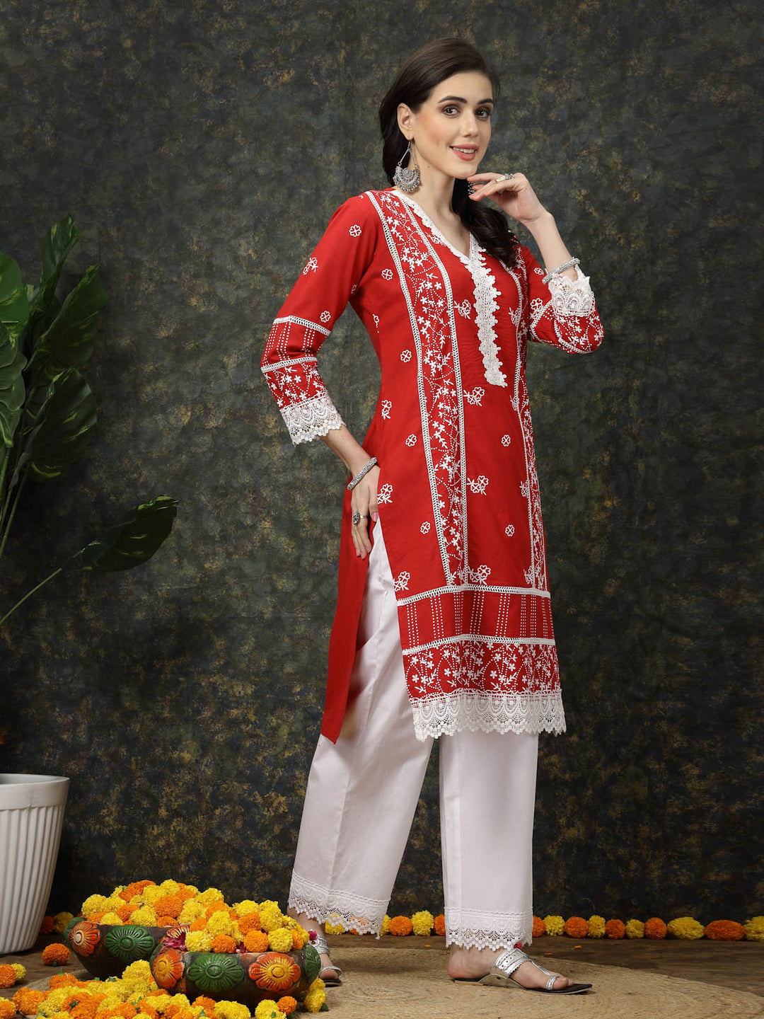 Red Ethnic Motifs Printed V-Neck Pure Cotton Kurta