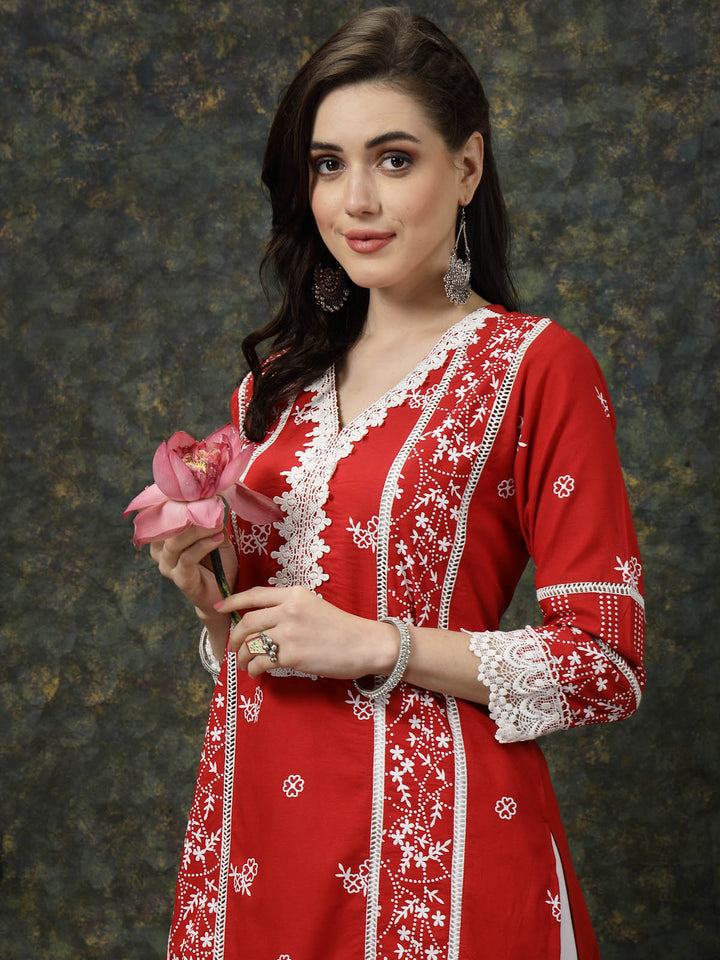 Red Ethnic Motifs Printed V-Neck Pure Cotton Kurta