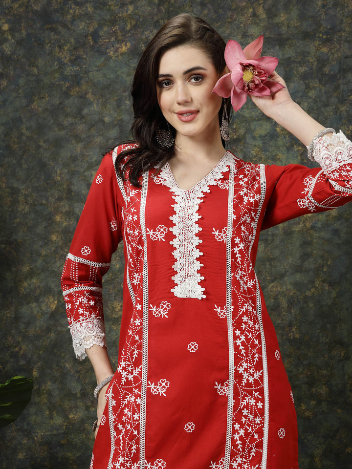 Red Ethnic Motifs Printed V-Neck Pure Cotton Kurta