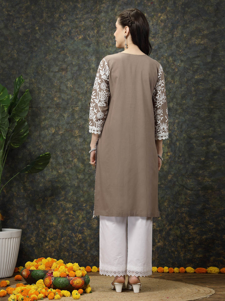 Brown & White Floral Printed Cotton Straight Kurta