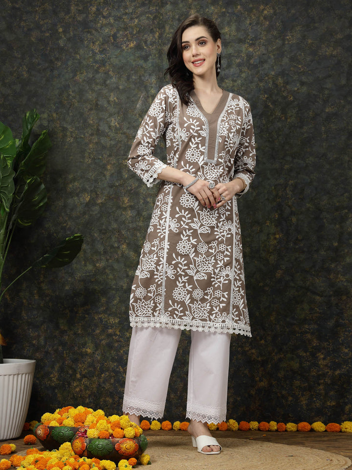 Brown & White Floral Printed Cotton Straight Kurta