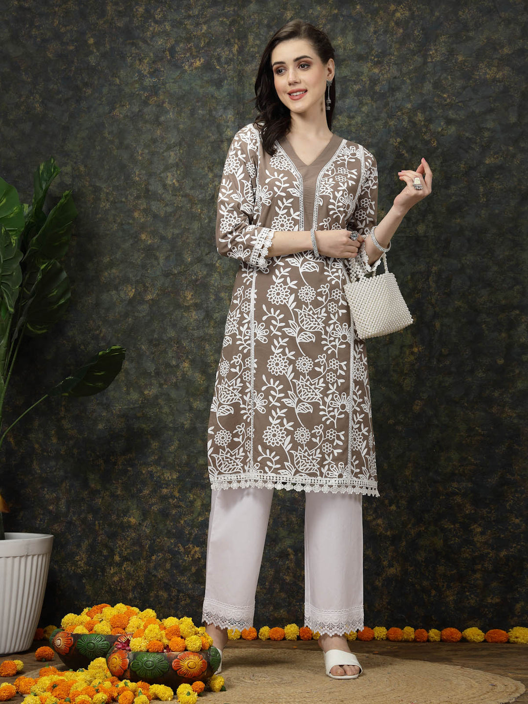 Brown & White Floral Printed Cotton Straight Kurta