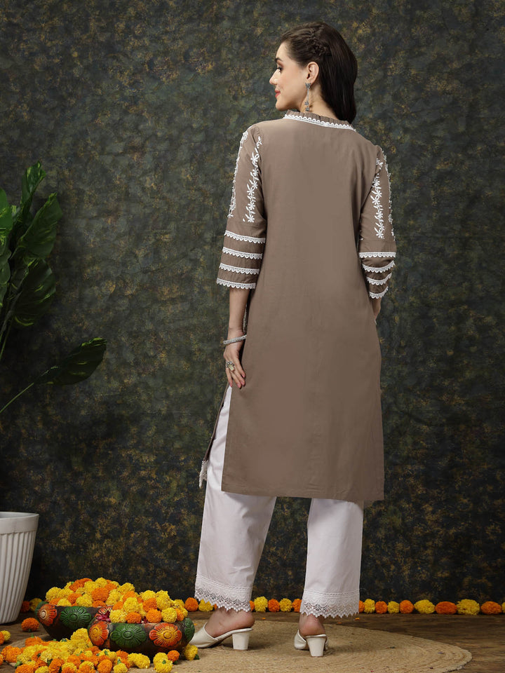 Brown  White Ethnic Motifs Printed Pure Cotton Straight Kurta