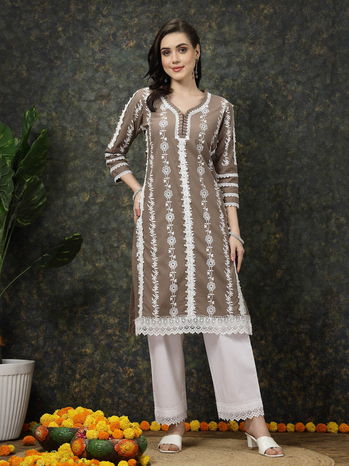 Brown  White Ethnic Motifs Printed Pure Cotton Straight Kurta