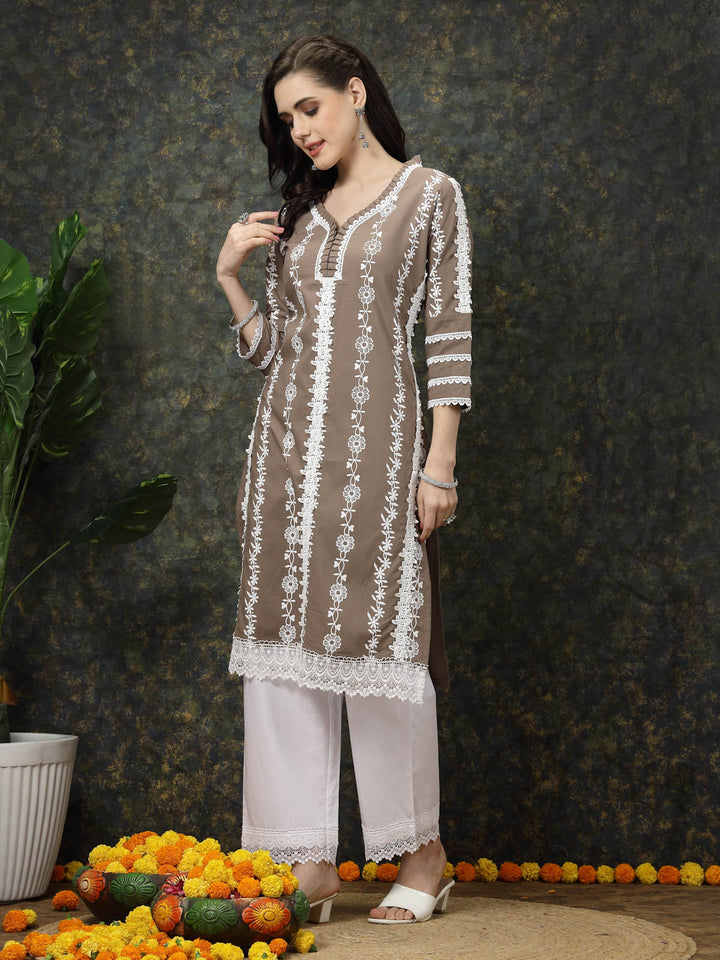 Brown  White Ethnic Motifs Printed Pure Cotton Straight Kurta