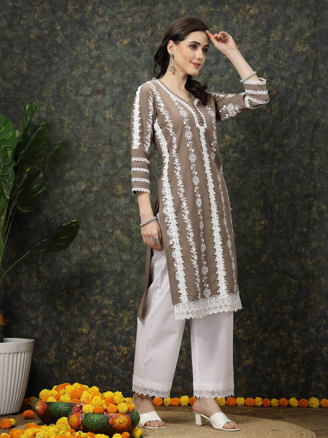 Brown  White Ethnic Motifs Printed Pure Cotton Straight Kurta