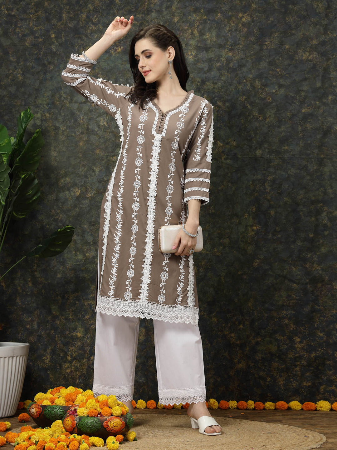 Brown  White Ethnic Motifs Printed Pure Cotton Straight Kurta