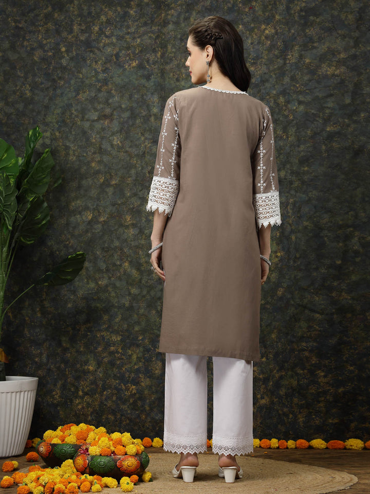 Brown & White Ethnic Motifs Printed Pure Cotton A Line Kurta