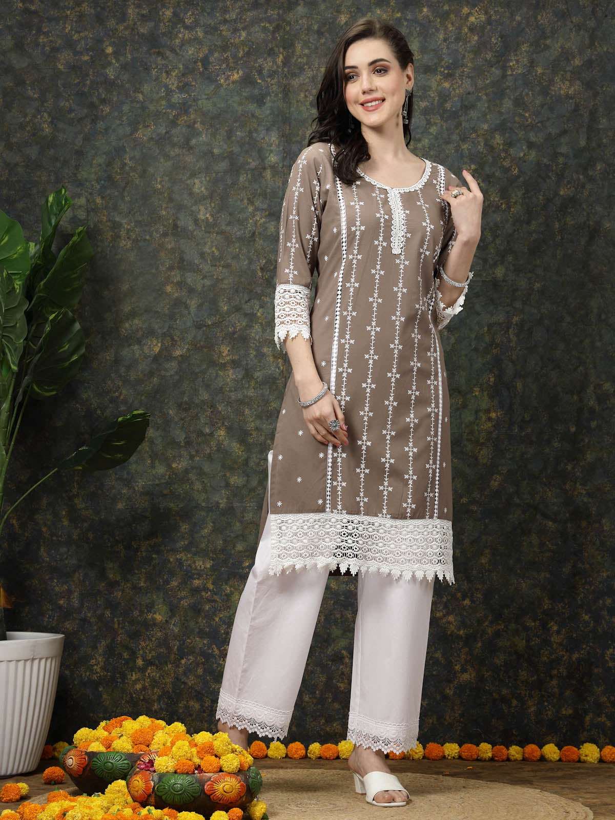 Brown & White Ethnic Motifs Printed Pure Cotton A Line Kurta