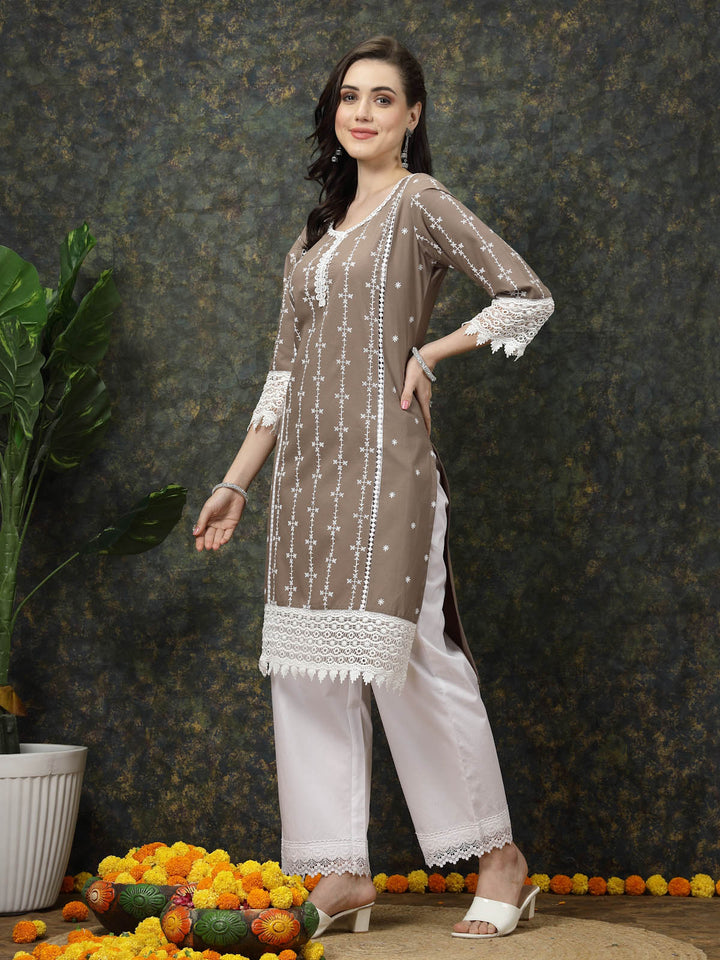 Brown & White Ethnic Motifs Printed Pure Cotton A Line Kurta