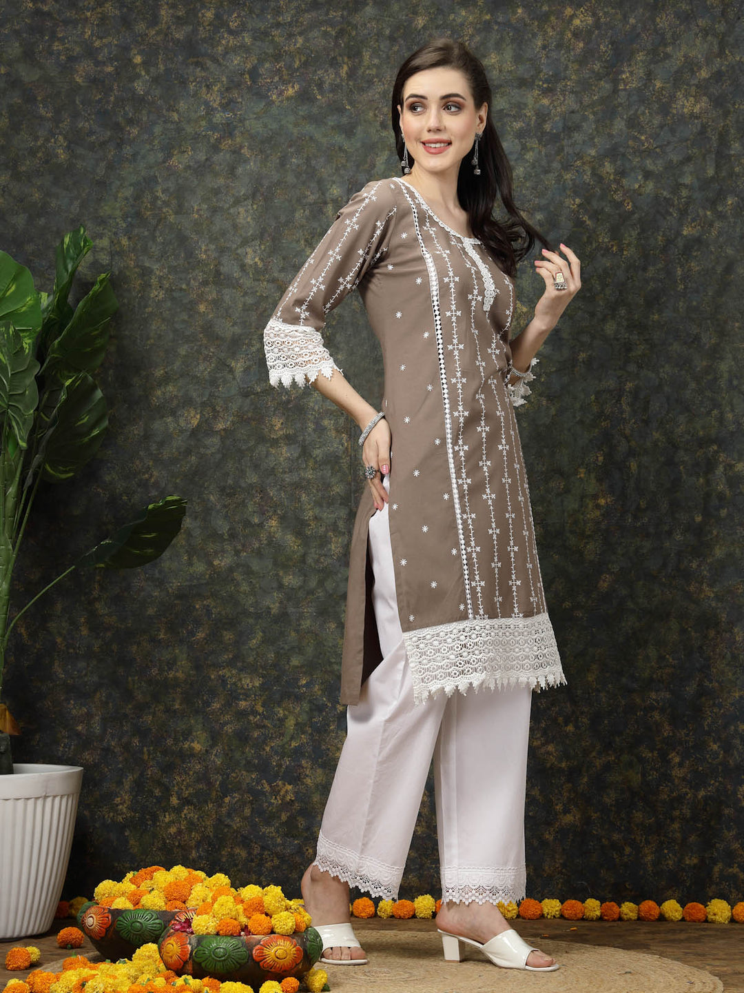 Brown & White Ethnic Motifs Printed Pure Cotton A Line Kurta