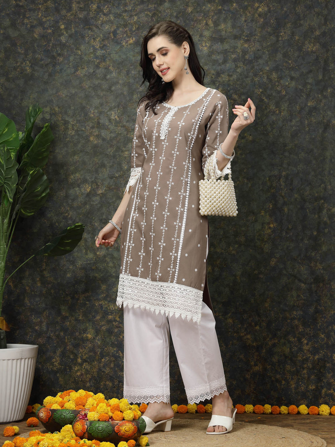 Brown & White Ethnic Motifs Printed Pure Cotton A Line Kurta